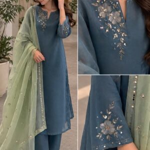 Elegant Teal Blue Straight Kurta Set With Pastel Green Organza Dupatta