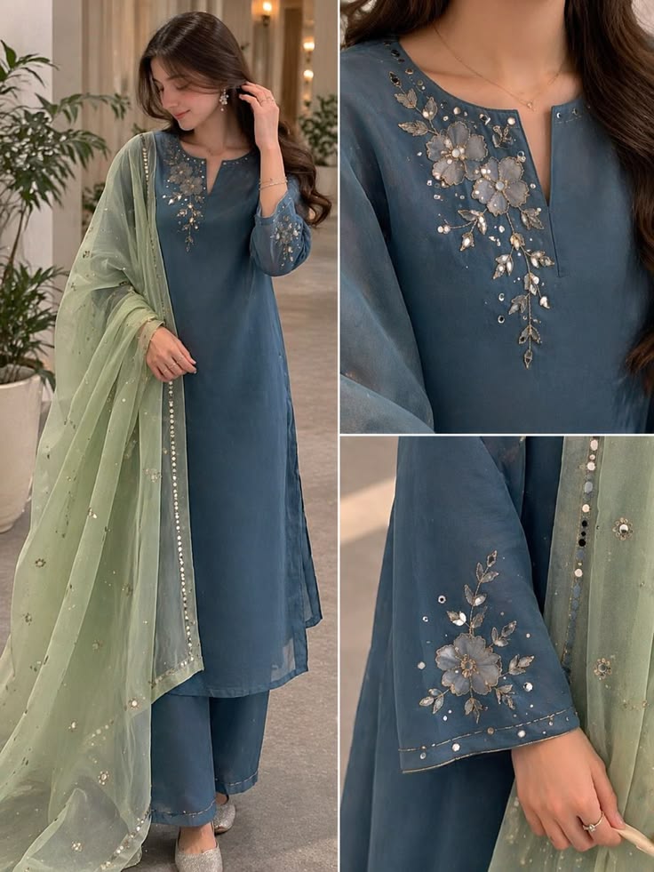 Elegant Teal Blue Straight Kurta Set With Pastel Green Organza Dupatta