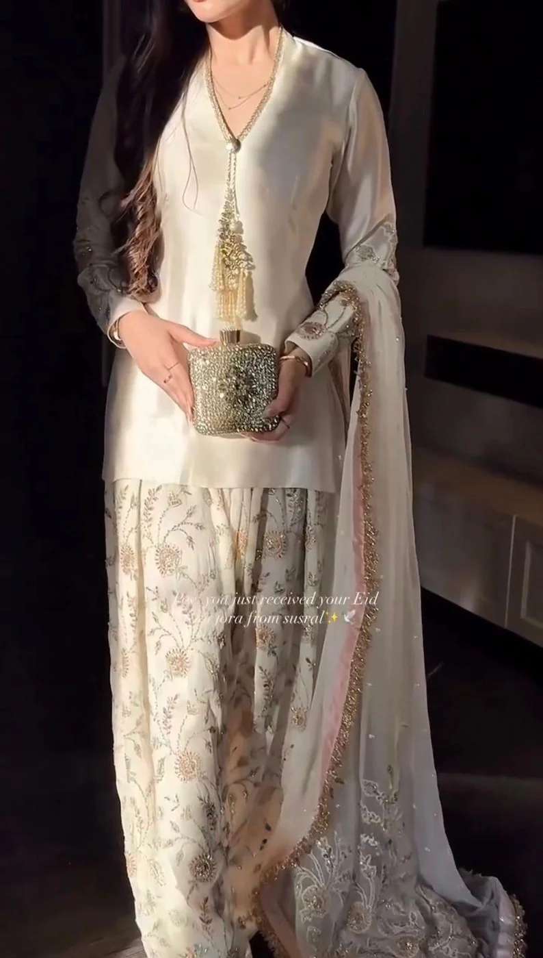 Pure Glass Satin Farshi Plazzo Suit Set with Organza Dupatta, Sequence Embroidery Indian Suit - Image 2