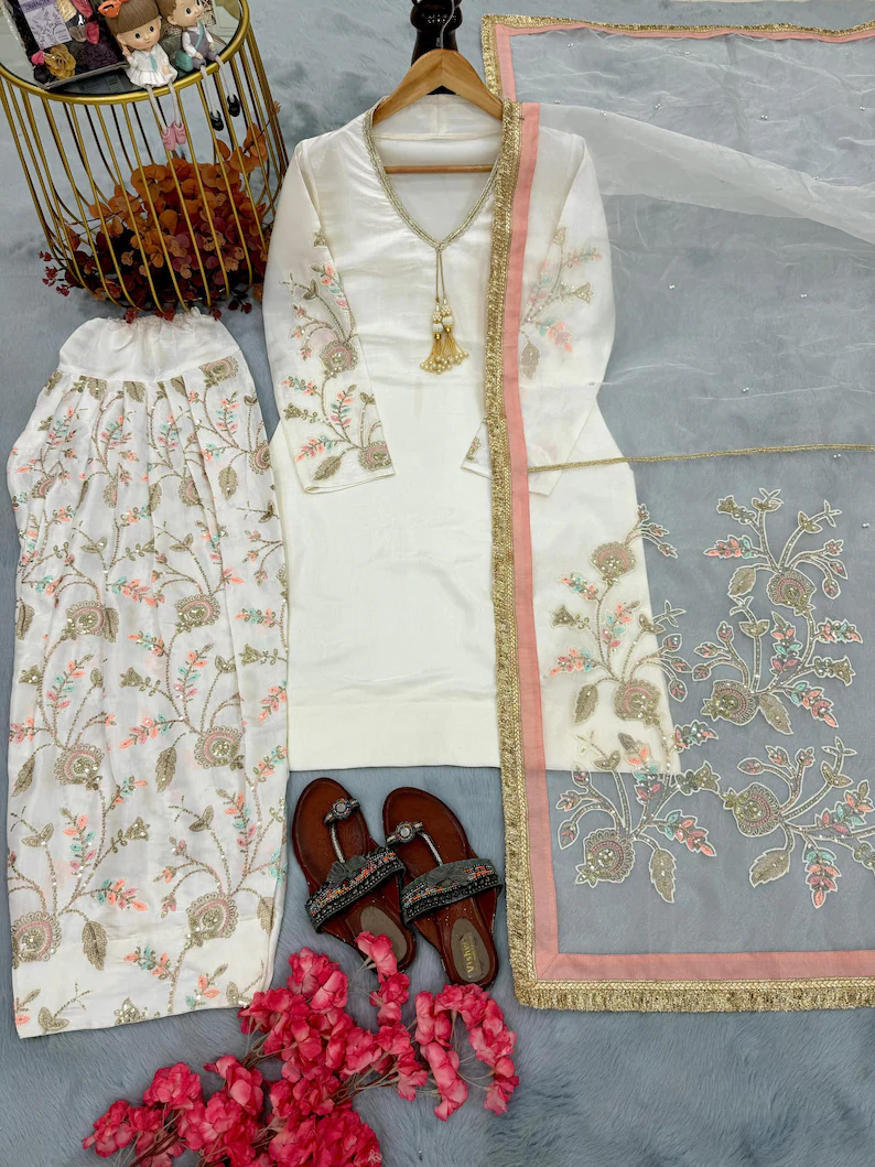 Pure Glass Satin Farshi Plazzo Suit Set with Organza Dupatta, Sequence Embroidery Indian Suit - Image 3
