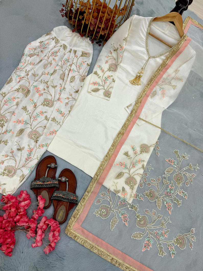 Pure Glass Satin Farshi Plazzo Suit Set with Organza Dupatta, Sequence Embroidery Indian Suit - Image 4