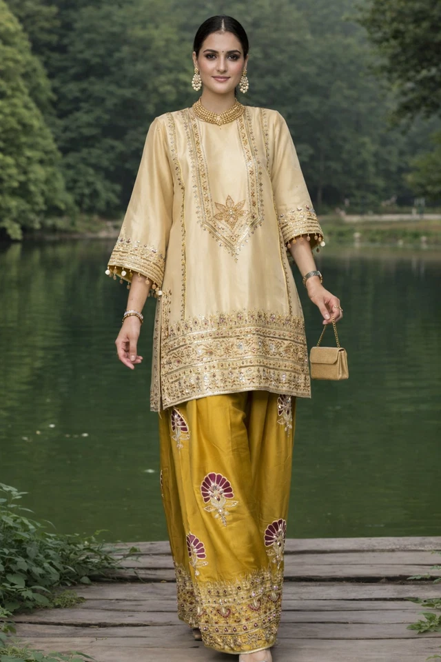 Pure Glass Satin Farshi Plazzo Suit Set with Organza Dupatta, Sequence Embroidery Indian Suit - Image 2