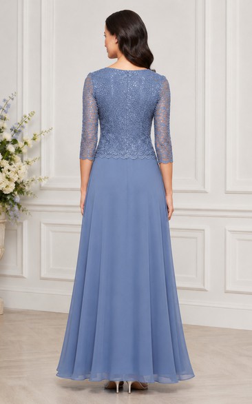 A-Line Bateau 3/4 Length Sleeve Chiffon Mother Dress with Lace - Image 2