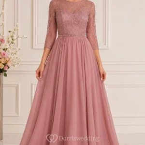 A-Line Bateau 3/4 Length Sleeve Chiffon Mother Dress with Lace