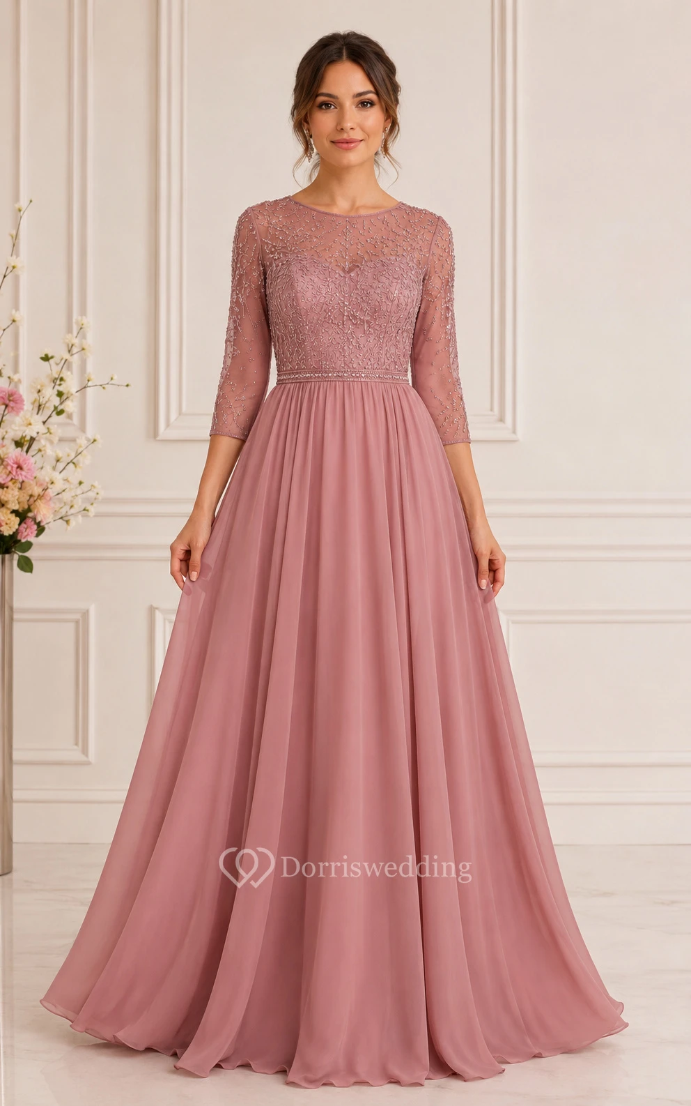 A-Line Bateau 3/4 Length Sleeve Chiffon Mother Dress with Lace