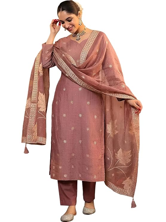 Pinkmint Women Jacquard Silk Ethnic Kurta with Dupatta Suit for Women | Straight Fit Designer Wear with Woven Pattern & Tassel Dupatta | Availble in Plus Size