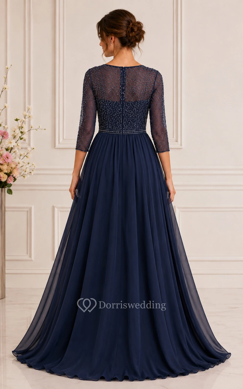 A-Line Bateau 3/4 Length Sleeve Chiffon Mother Dress with Lace - Image 4