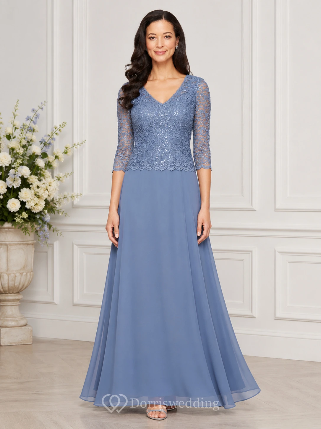 A-Line Bateau 3/4 Length Sleeve Chiffon Mother Dress with Lace - Image 3