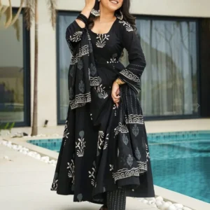 Janasya Women's Black Rayon Kurta With Dupatta